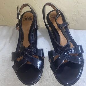 🥰 Sofft Strappy Black Leather Low Heel Platform Slingback Dress Sandal 8M.